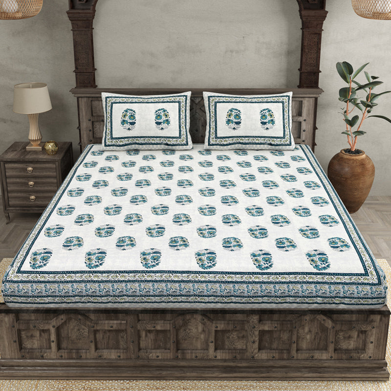 Agriya Ethnic Printed Cotton Bedsheet (Blue) - 144 TC media 4
