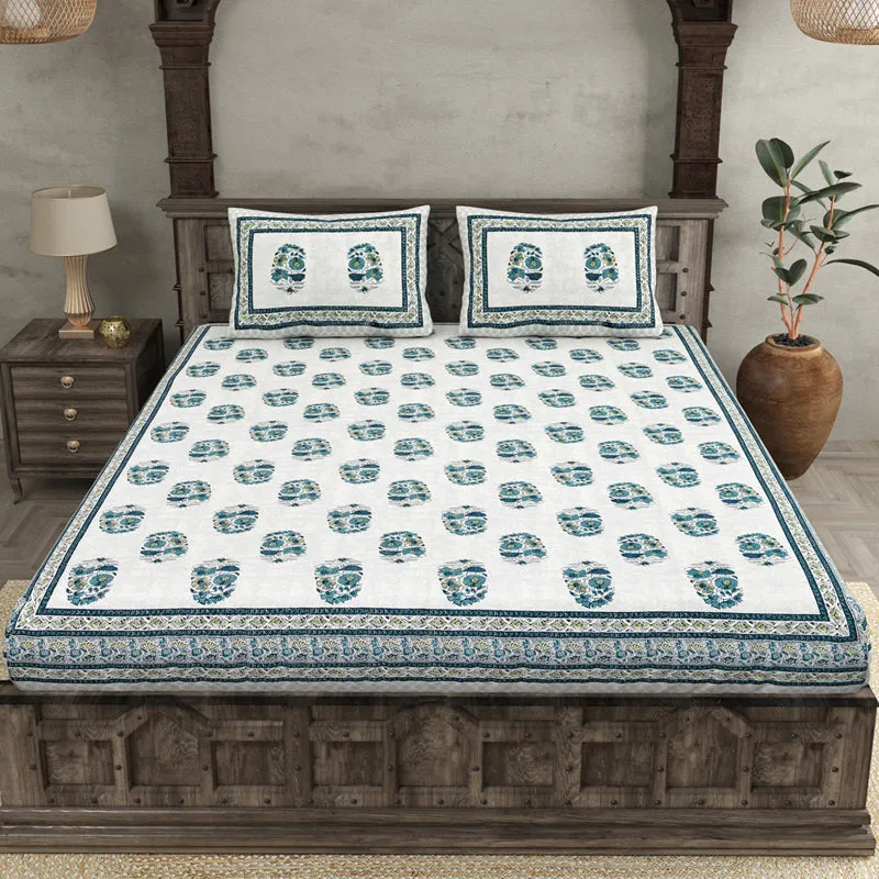 Agriya Ethnic Printed Cotton Bedsheet (Blue) - 144 TC media 4