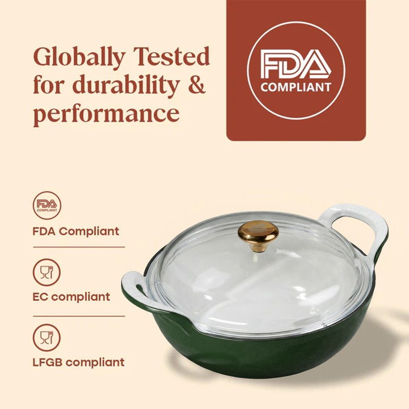 Cumin Co Enamel Cast Iron Kadhai With Lid (3200 mL) - Green media 9