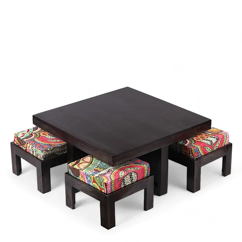 Evrino Sheesham Wooden Center Table with Stools and Cushions (Deep Brown,Multicolor) - Nine Piece Set media 4