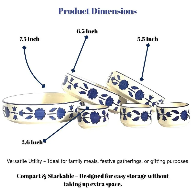 Desi Chic Ceramic Snack Bowls (Blue,White, 300 mL Each) - Set Of Six media 6
