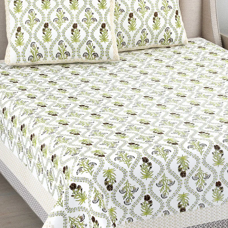 Ethnik Blooms Cotton Bedsheet (Soft Green) - 144 TC media 3