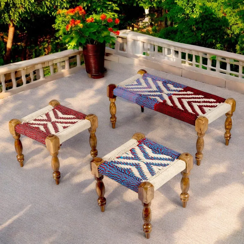 Flexo Sheesham Wooden Bench with Stools (Multicolor) - Three Piece Set media 1
