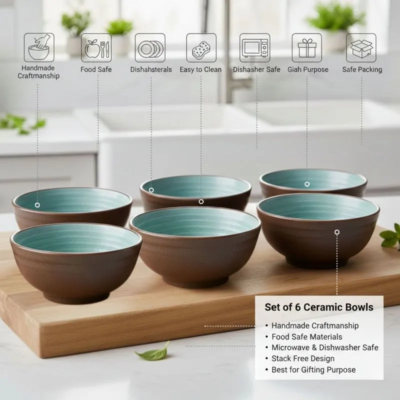 Bowluxe Ceramic Snack Bowls (Green, 180 mL Each) - Set Of Six media 6