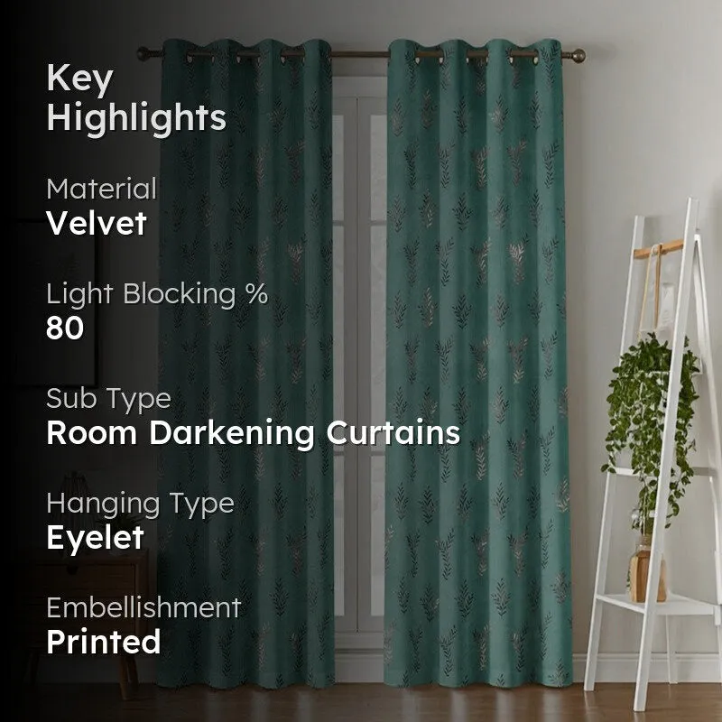 Gilded Touch Printed Velvet Curtains (Sea Green,Gold) - Set Of Two media 2