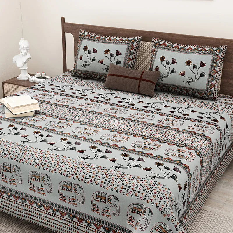 Aashvi Ethnic Cotton Bedsheet (Grey) - 180 TC media 4
