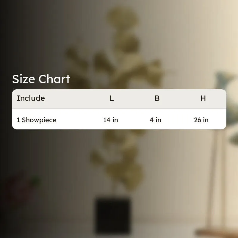 Promotional size chart image with blurred gold showpiece in the background