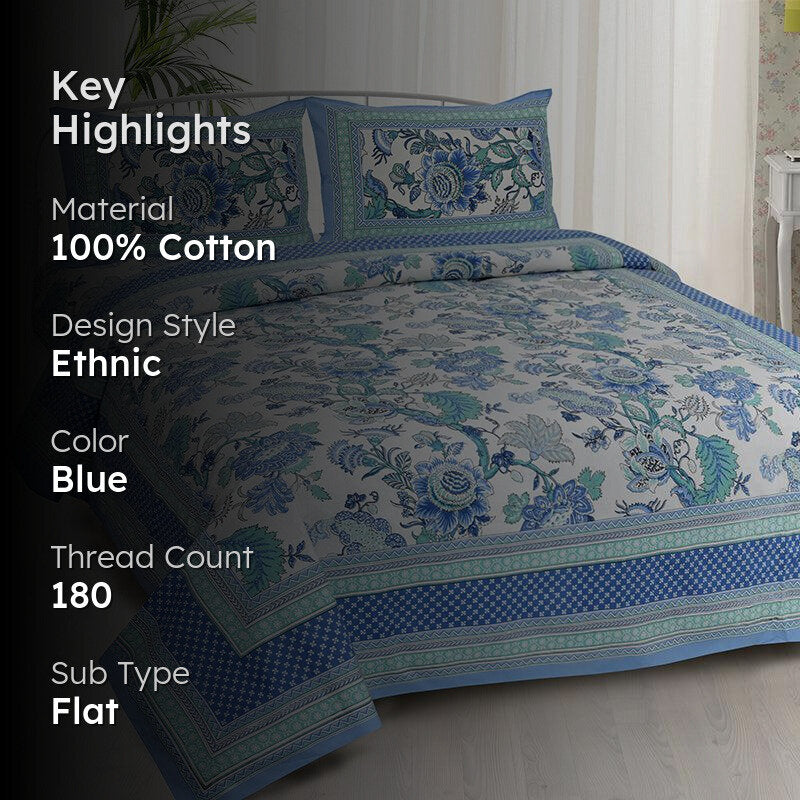 Panna Floral Cotton Bedsheet (Blue) - 180 TC media 2