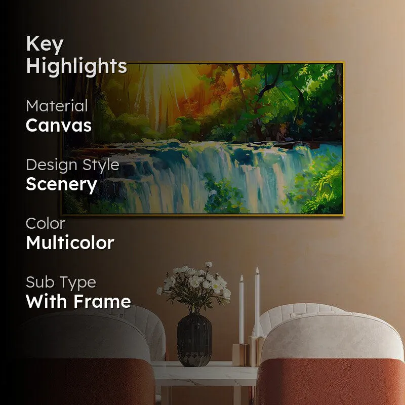 Sunlit Forest Waterfall Landscape Canvas Wall Painting With Frame - Gold media 2