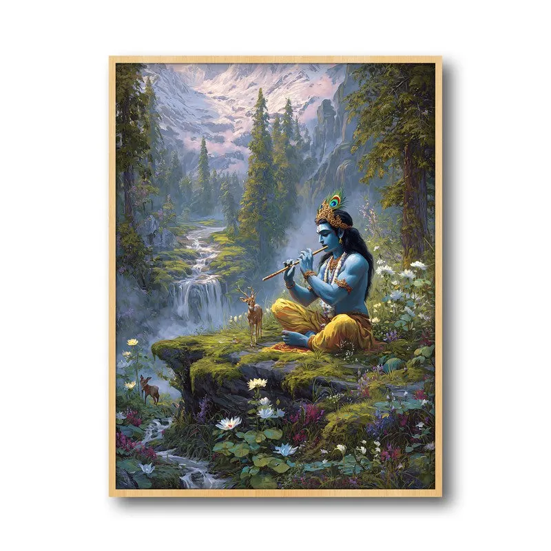 Vrindavan Bihari Lord Krishna Playing Fluit I Archival Paper Wall Art - Natural Brown Frame media 5