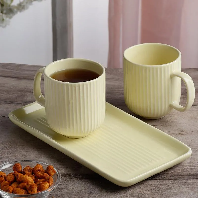 Vantera Yellow Ceramic Mug And Tray (220 ML) - Three Piece Set media 1