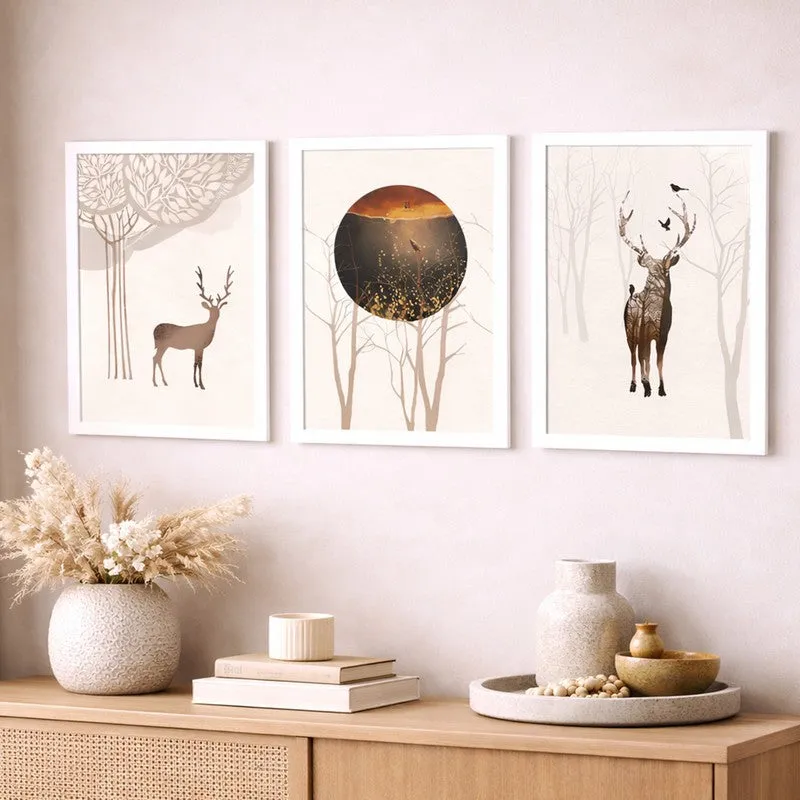 Deerland Paper Wall Painting With MDF Frame (White) - Set Of Three media 4