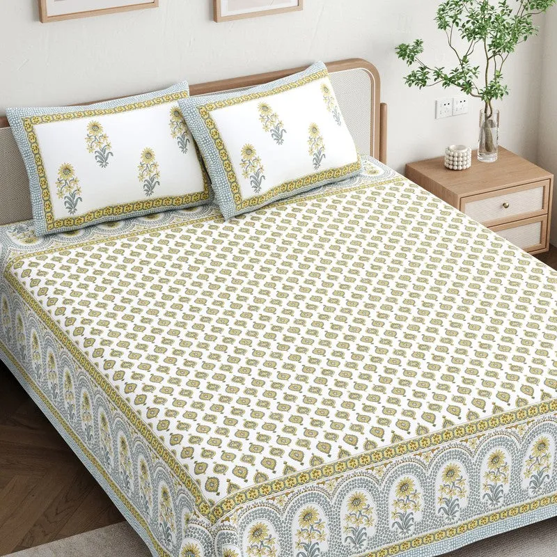 HeritagePetal Handblock Printed Cotton Bedsheet (Green) - 400 TC media 3