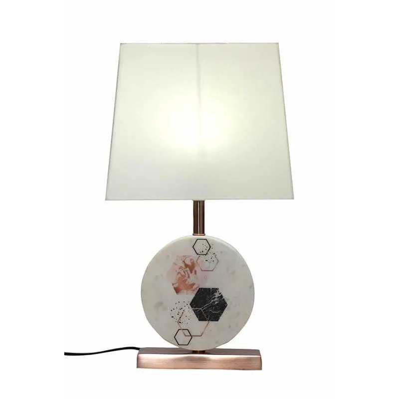 Hexa Marble & Copper Base Fabric Table Lamp - White media 3