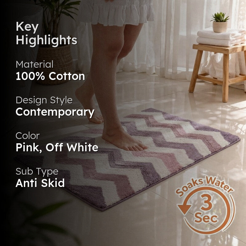 Steplyn Chevron Cotton Bath Mat - Pink & Off White media 2
