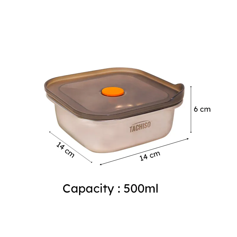 Stainless steel storage container shown with 14 cm dimensions and 500 ml capacity
