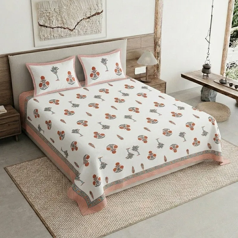 Ethnic Aura Cotton Bedsheet (Peach,White) - 120 TC media 1