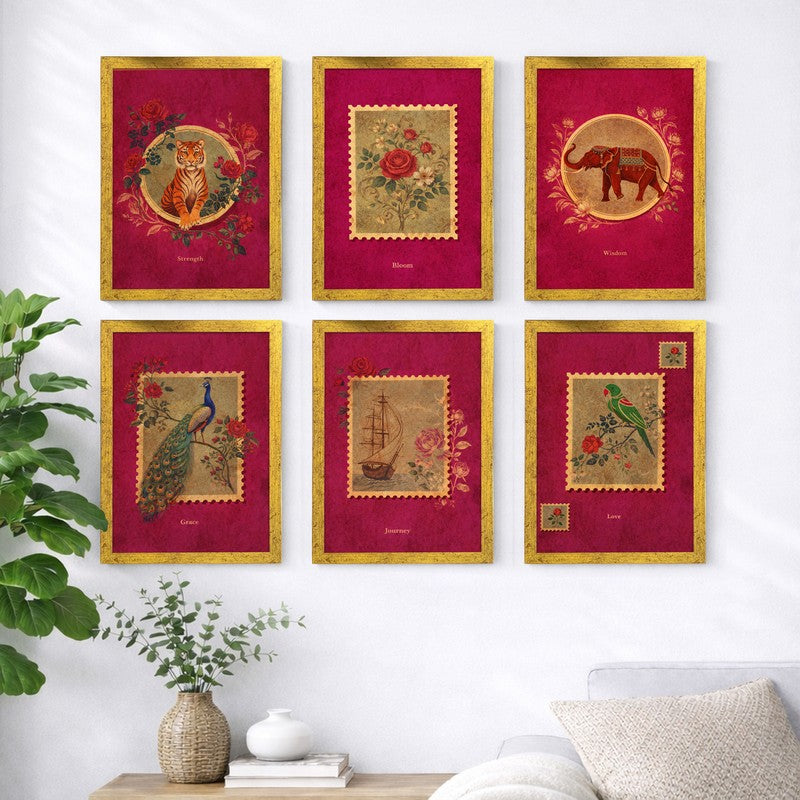Sultanate Stamps Paper Wall Painting With Frame - Set Of Six media 4