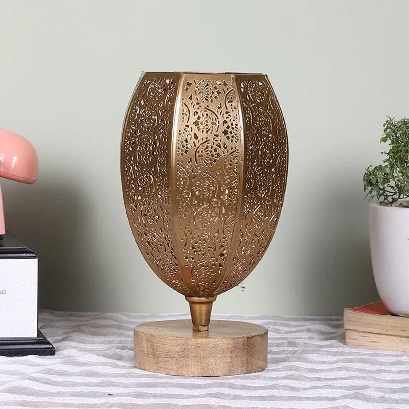 Mehela Etched Metal Table Lamp With Wooden Base - Gold media 3