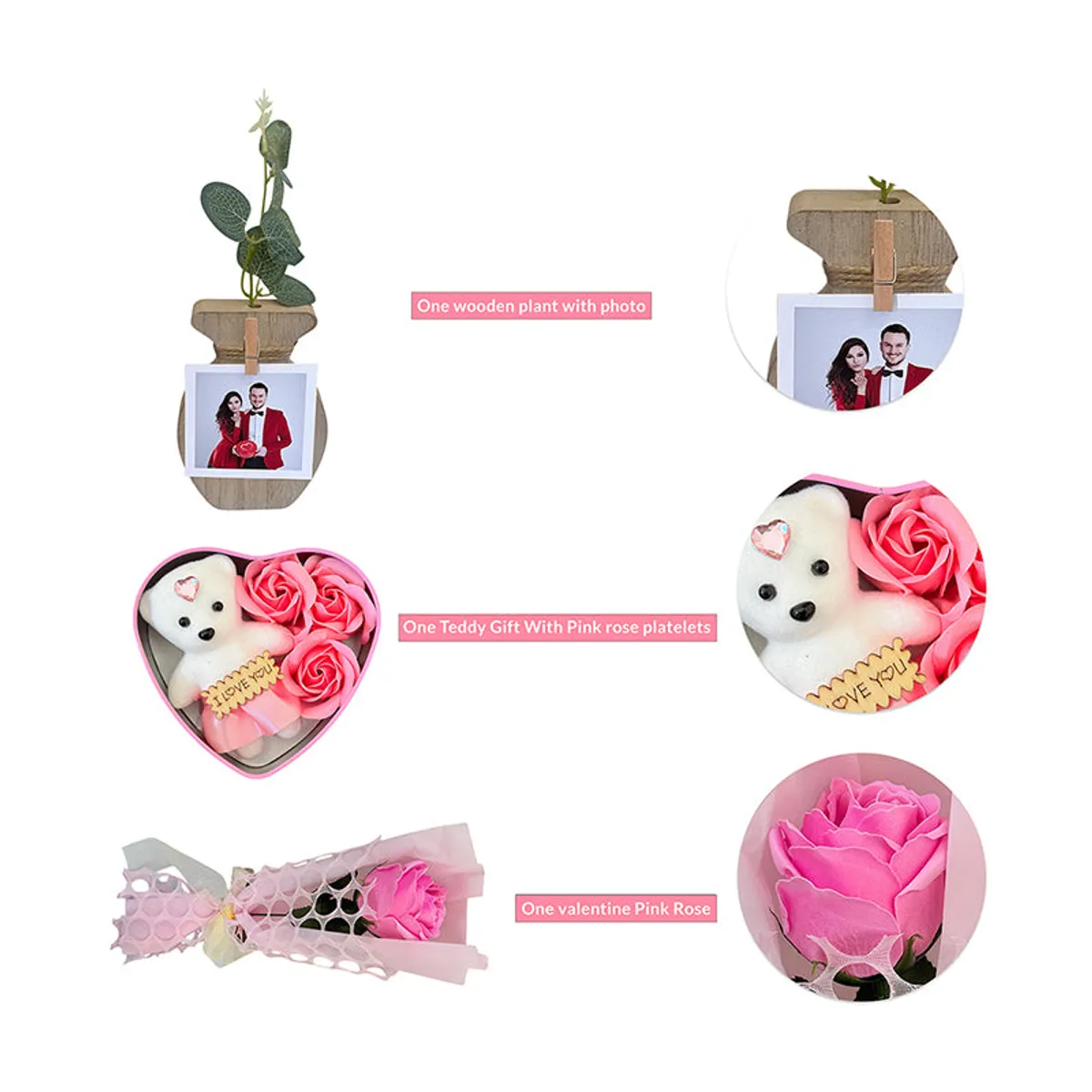 Close-up view of teddy and pink roses with a photo-display vase