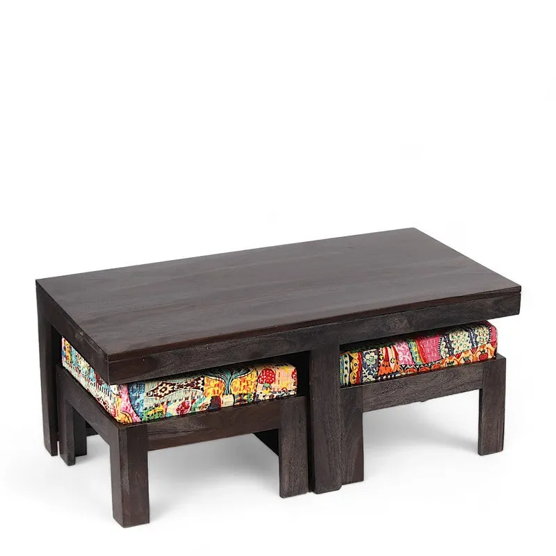 Drexon Sheesham Wooden Center Table with Stools (Deep Brown,Multicolor) - Five Piece Set media 4