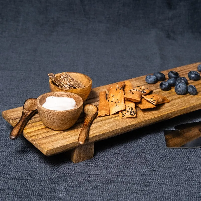 Linear Wood Serving Platter with Dual Dip Bowls - Three Piece Set media 7