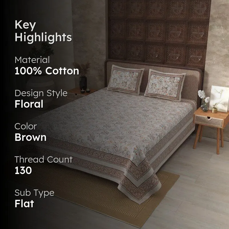Aari Floral Cotton Bedsheet (Brown) - 130 TC media 2