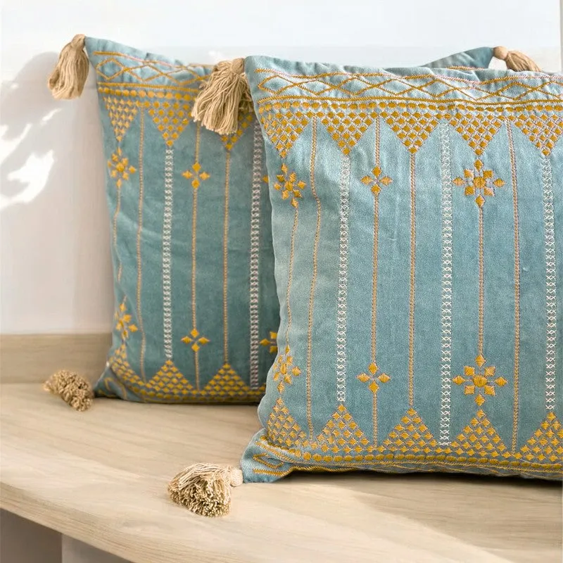 Azure Golden Bloom Embroidered Cushion Cover - Set Of Two media 4