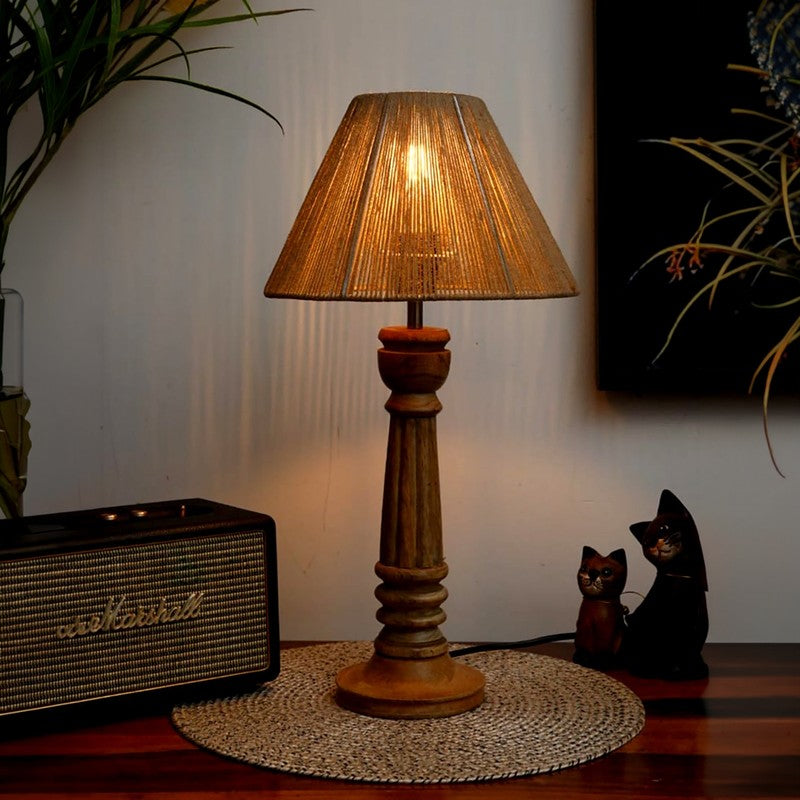 Amber Weave Wooden Base Cotton Table Lamp - Beige,Brown