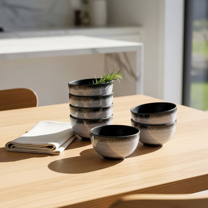 Circular Black Melamine Snack Bowls (200 mL Each) - Set of Six - 200 mL
