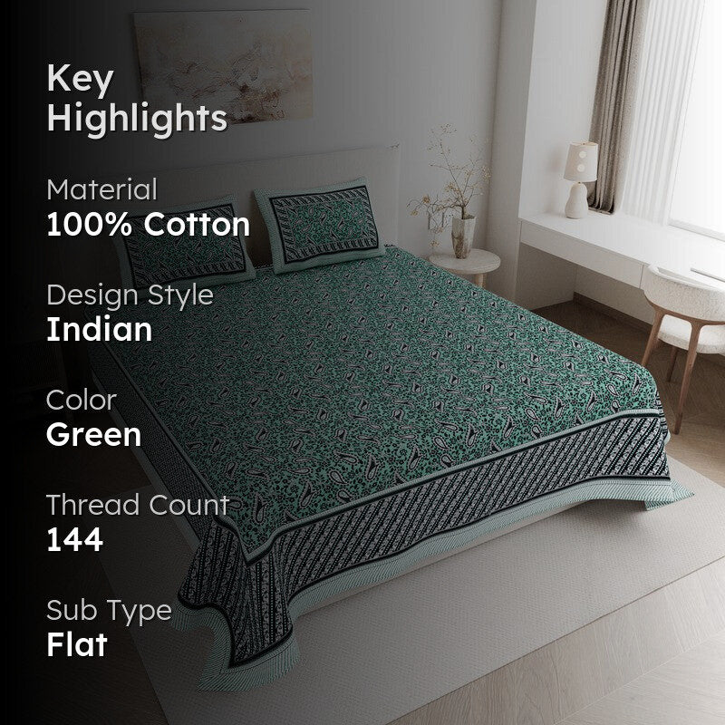 FloralNest Cotton Bedsheet (Green) - 144 TC media 2