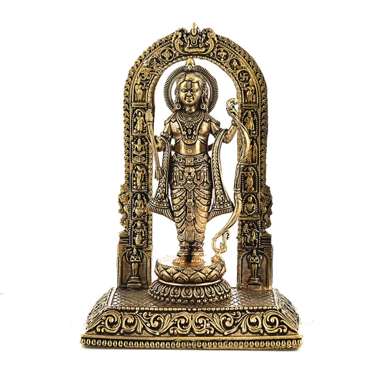 Front view of a gold-toned Sriramachandra idol with an intricately detailed arched frame