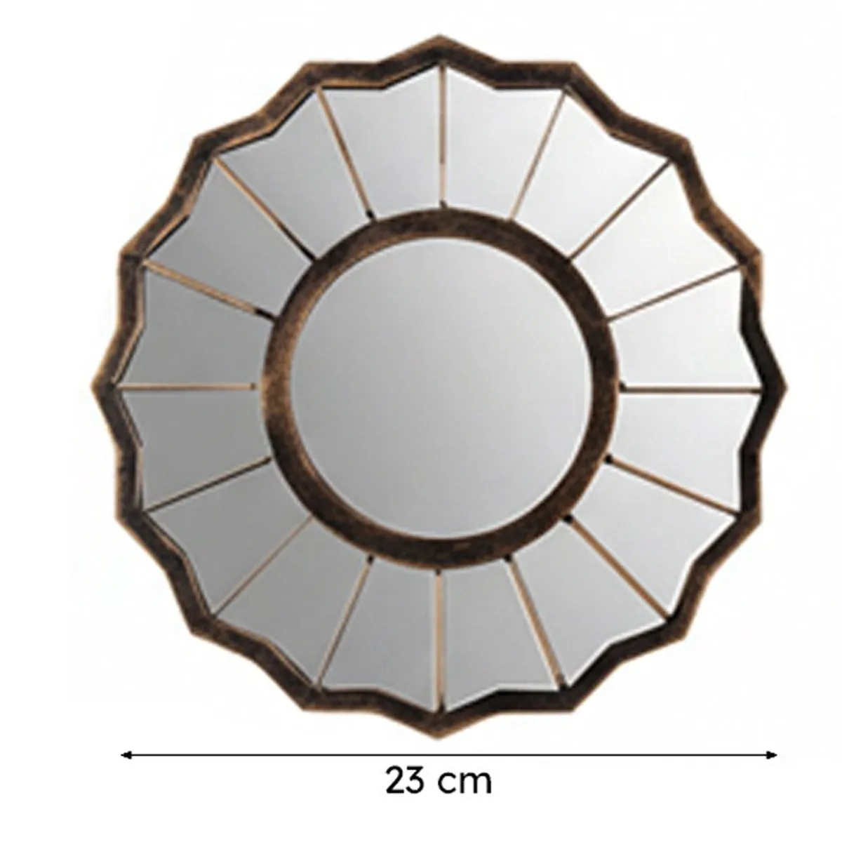 Close-up of a single round sunburst mirror with copper-toned frame