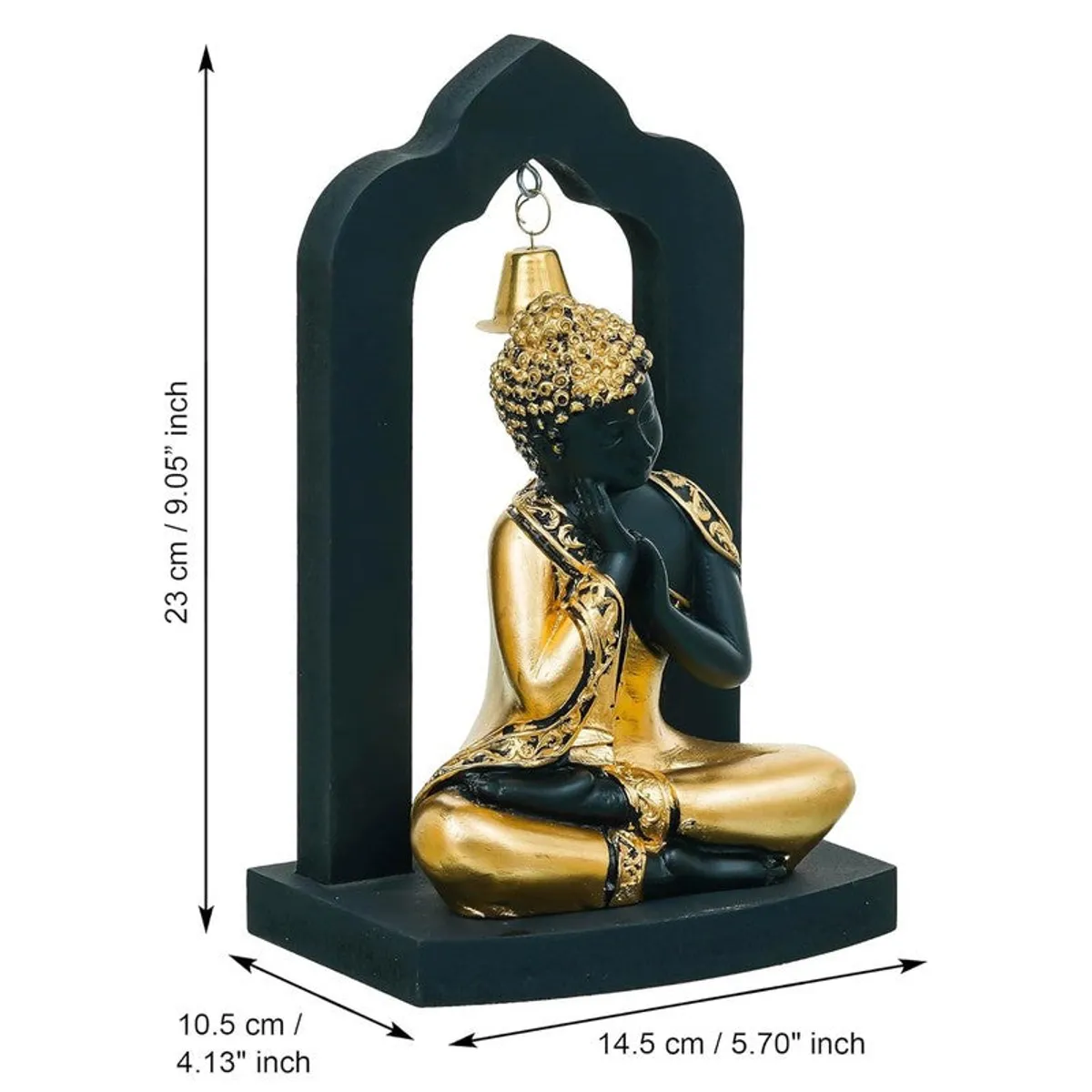 Black and gold Buddha idol with wooden frame shown with dimensions
