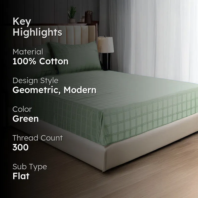 Sage green checked bedsheet displayed on a bed in a bedroom