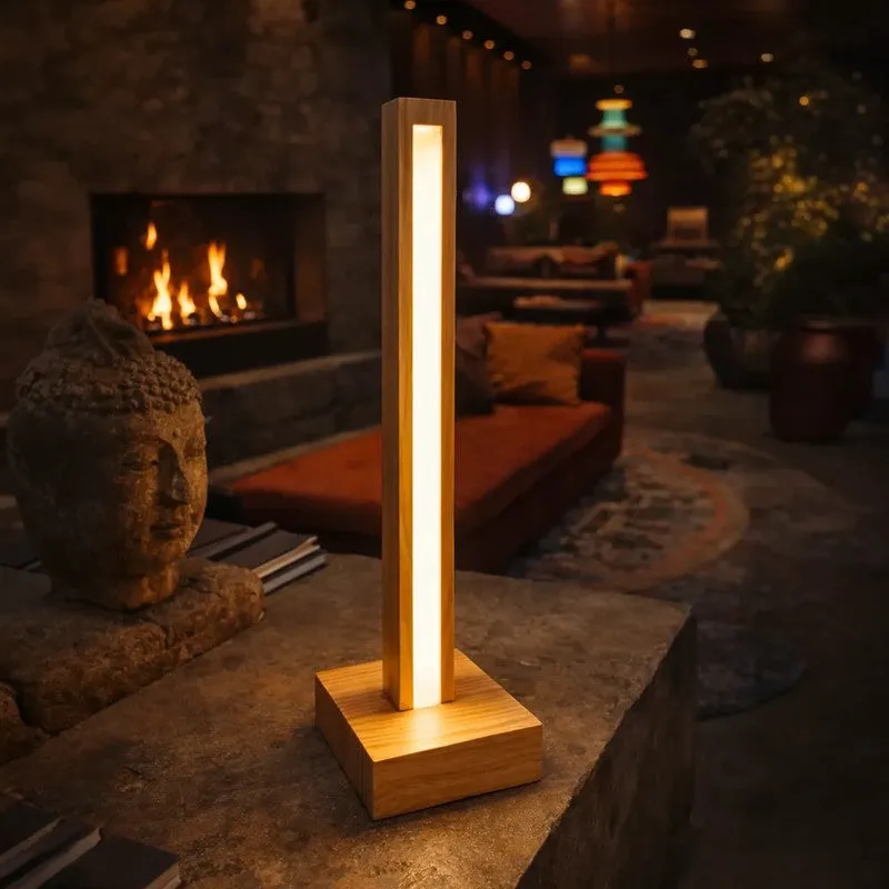 Modern Vertical Pine Wood LED Table Lamp - Brown media 5