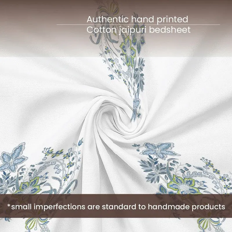Close-up of white cotton bedsheet fabric with blue floral print