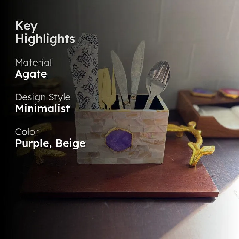 Suzzaine Handcrafted Mother Of Pearl & Agate Cutlery Holder - Purple & Beige media 2