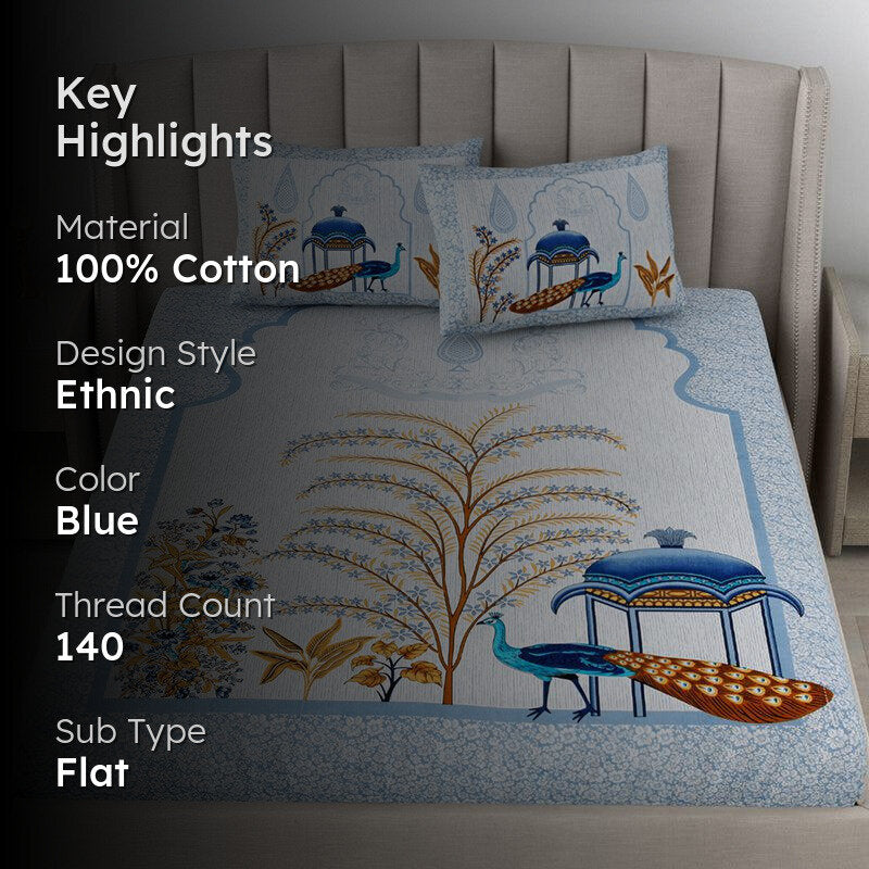 Pushpa Paradise Ethnic Cotton Bedsheet (Blue) - 140 TC media 2