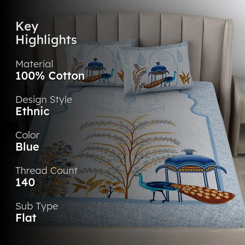 Pushpa Paradise Ethnic Cotton Bedsheet (Blue) - 140 TC media 2