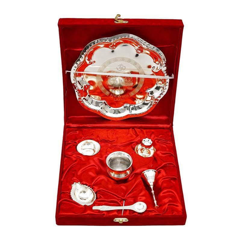 Shubh Pooja Floral Thaali - Silver media 5