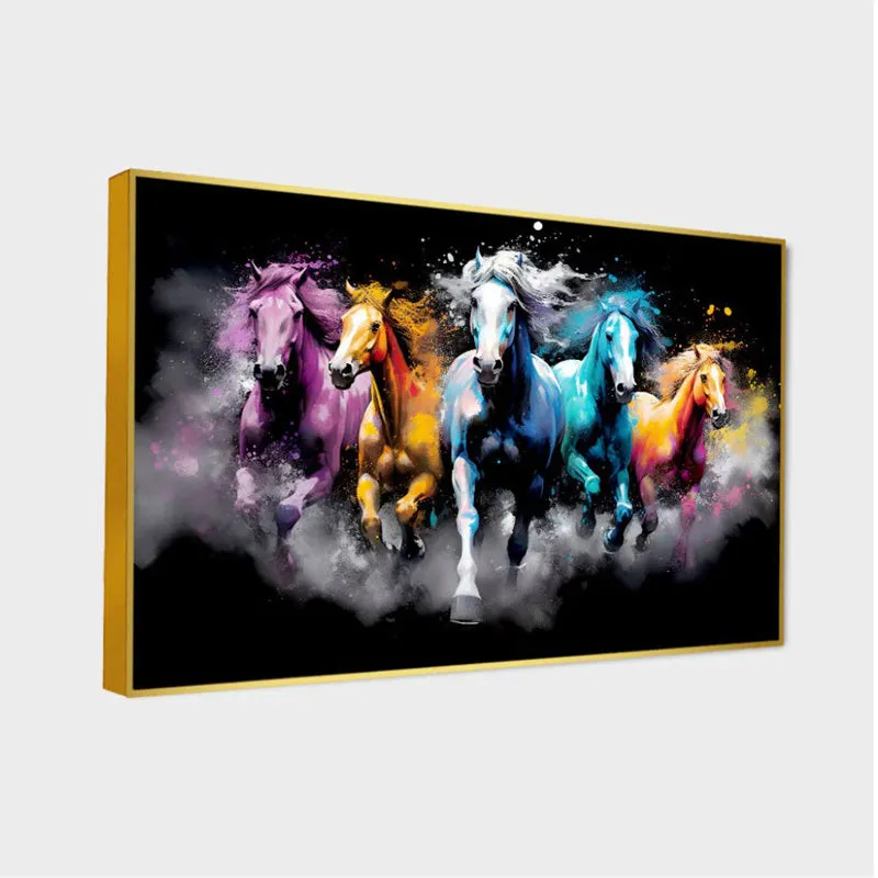 Cosmic Stallions Canvas Wall Painting With Frame - Gold media 4