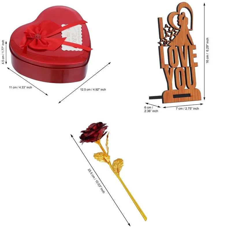 Three-piece gift set shown with heart box, wooden decor and rose stem