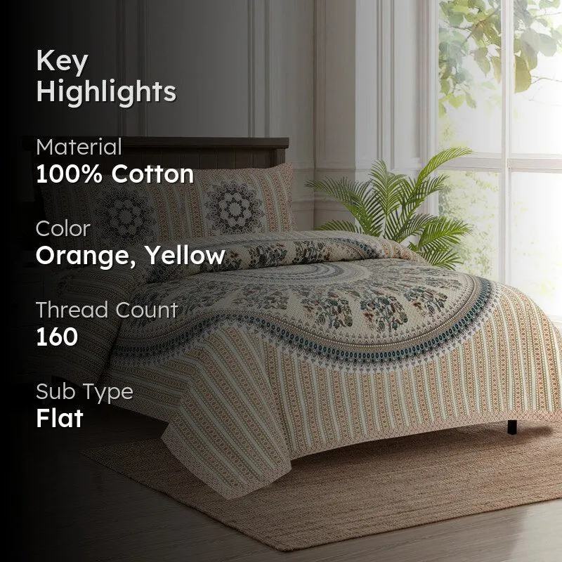 Pushkara Ethnic Cotton Flat Bedsheet (Orange) - 160 TC media 2