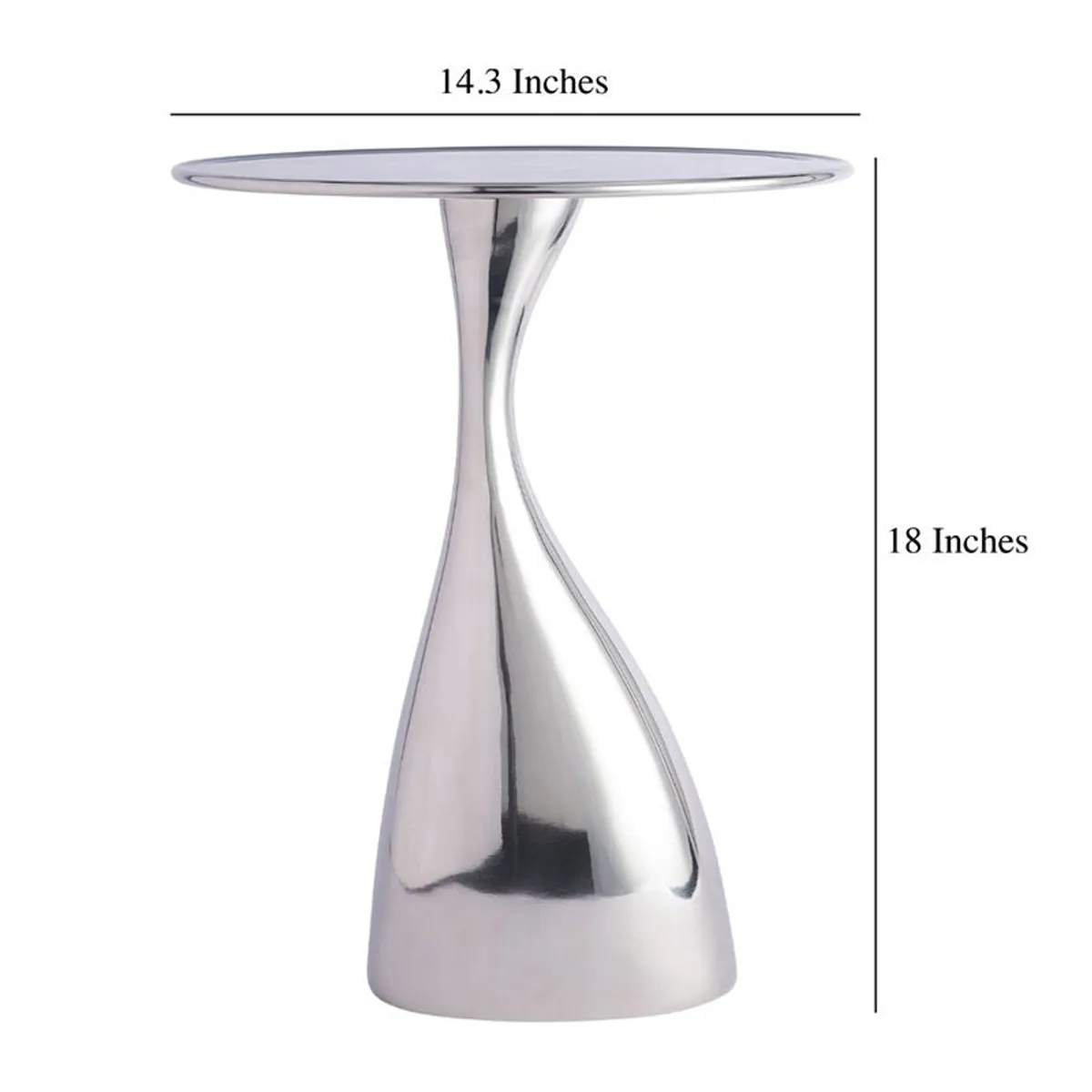 Silver side table with round top and curved base shown against a plain background