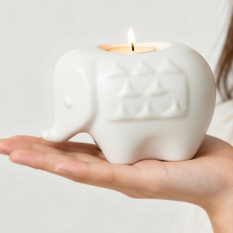 Ebony Elephant Ceramic Tea Light Candle Holders (White) - Set Of Two media 4