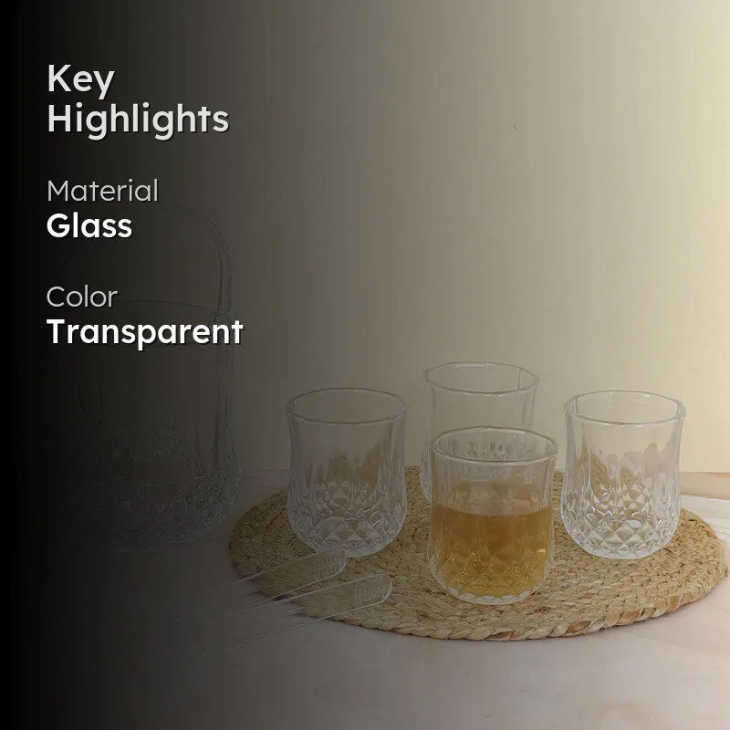 Transparent glass ice bucket set with matching glasses and tong