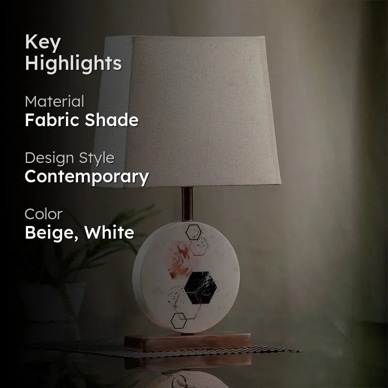 Hexa Marble & Copper Base Fabric Table Lamp - Beige,White media 2
