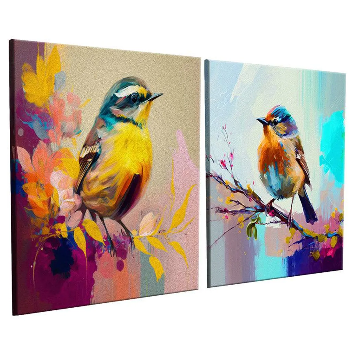 Angled view of two square bird paintings with bright abstract backgrounds