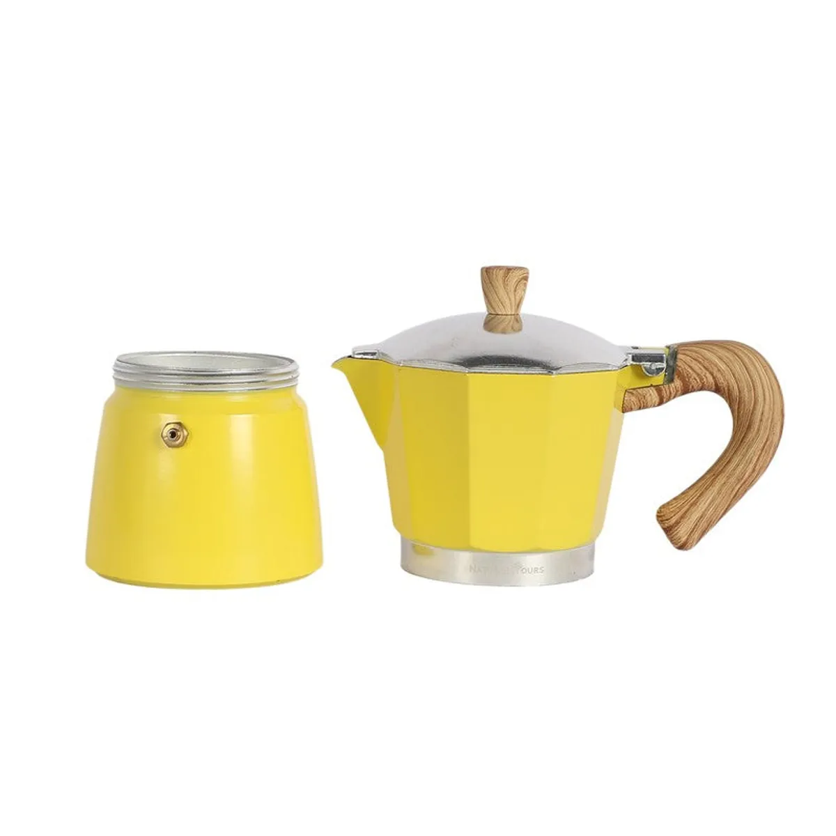 Disassembled yellow coffee maker with separate upper and lower sections